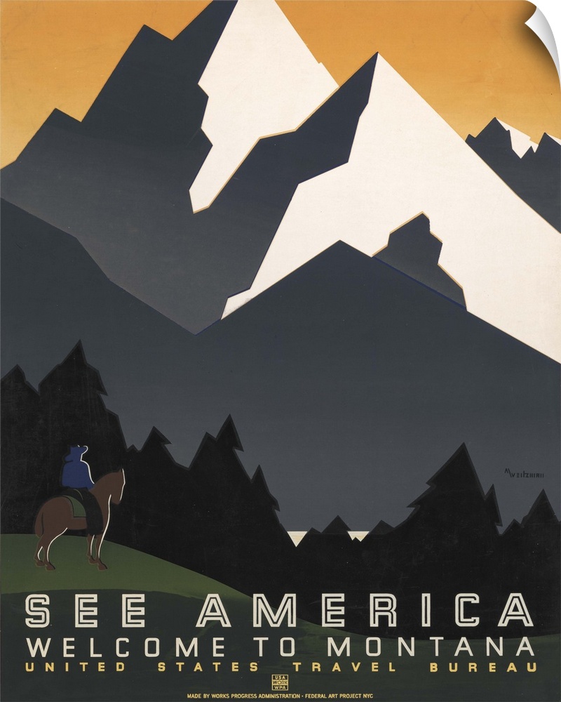 See America, welcome to Montana. Poster for United States Travel Bureau promoting travel to Montana, showing mountain scen...