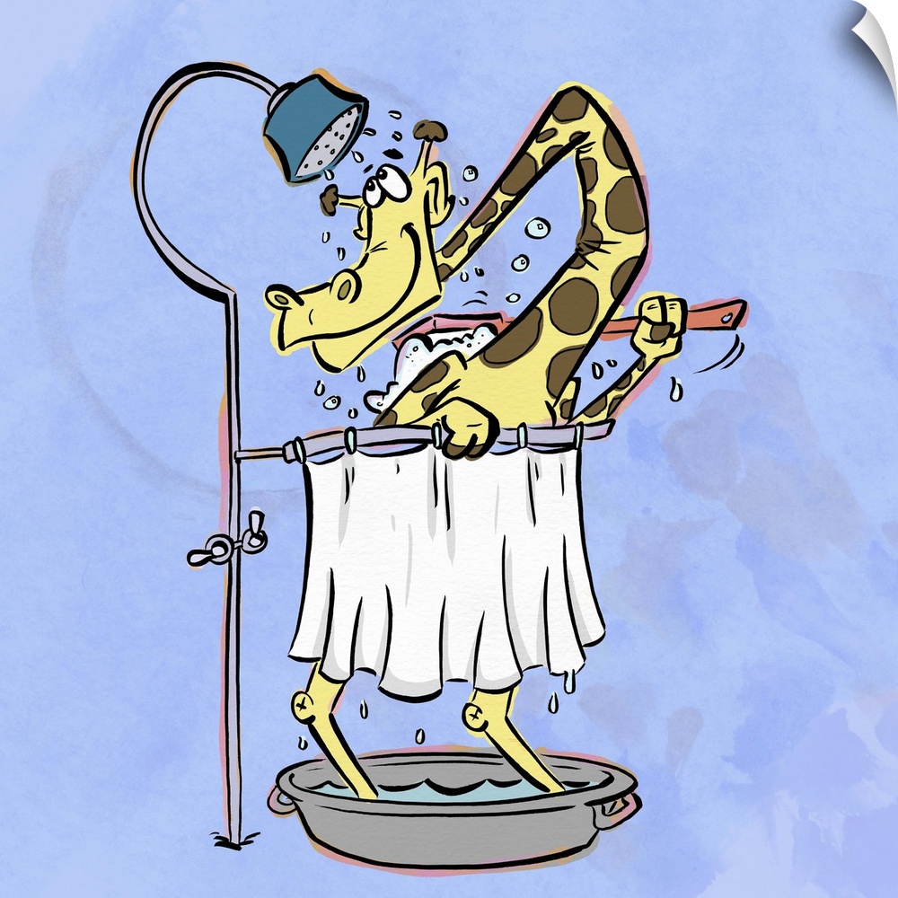 Cute cartoon art of a giraffe taking a shower.