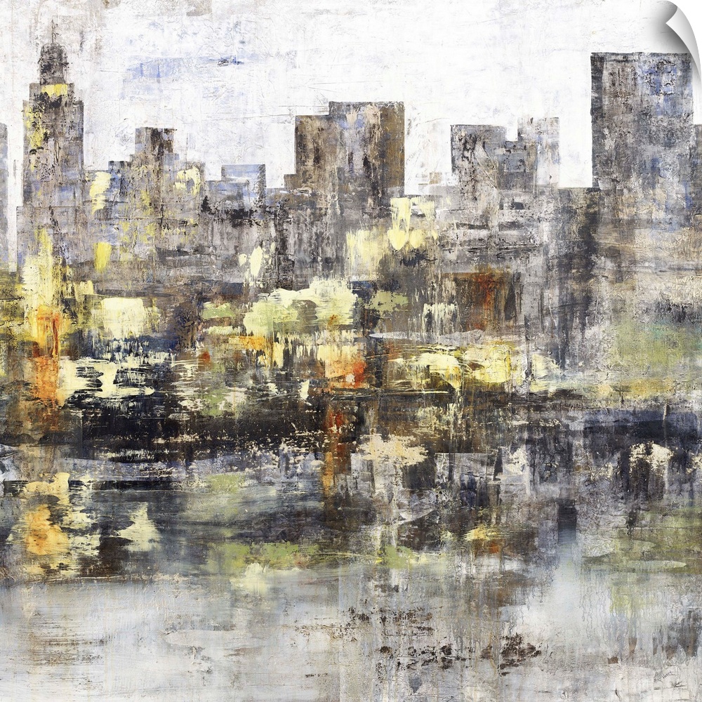 Square abstract painting of a city skyline with tall buildings in dark shades of gray and brown with gold, yellow, orange,...