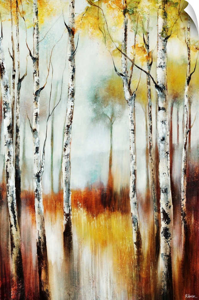 Abstracted landscape painting of a forest of birch trees going through seasonal transitions.