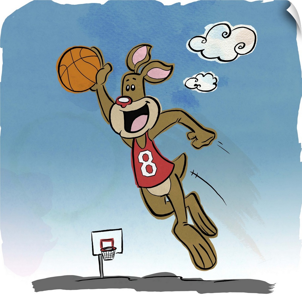 Fun cartoon artwork of a kangaroo leaping into the air with a basketball.