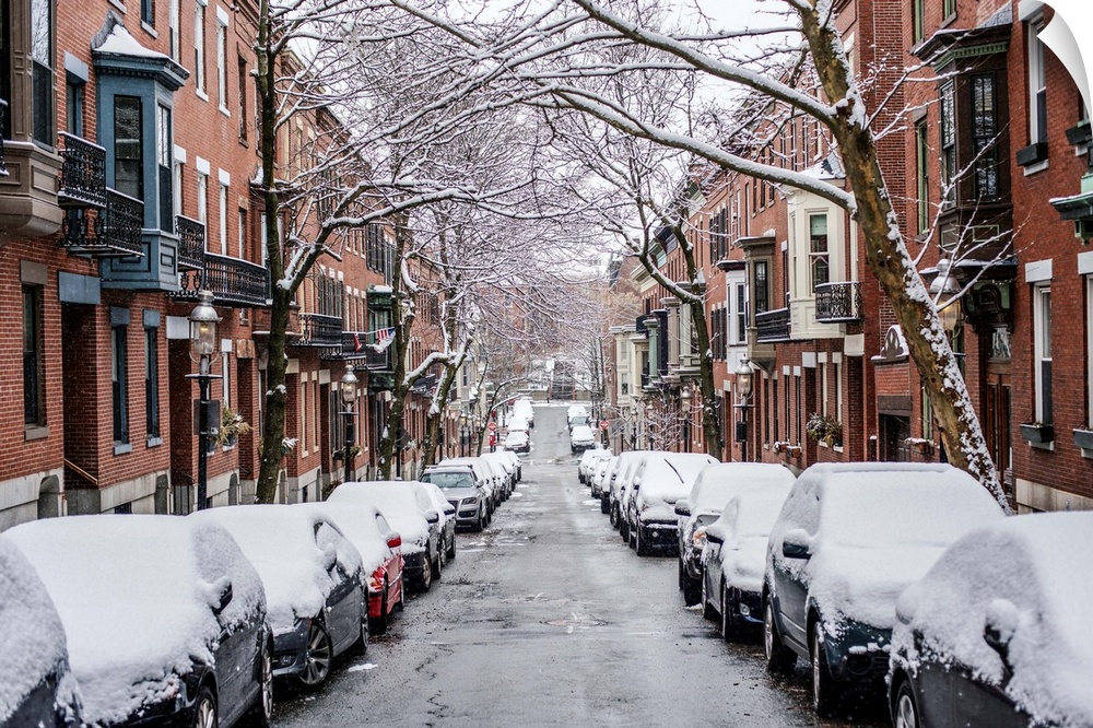 View of snow covered cars parked on street in Boston, Massachusetts.