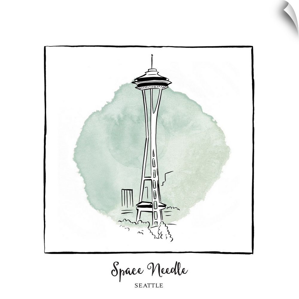 An ink illustration of the Space Needle in Seattle, Washington, with a green watercolor wash.