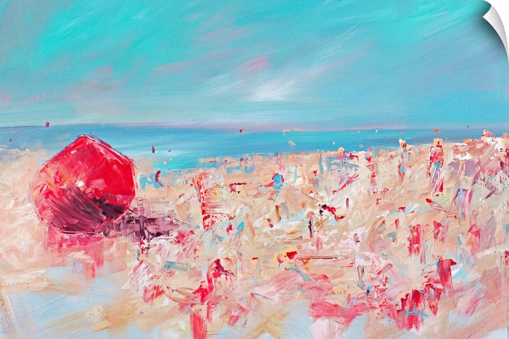 Contemporary painting of a beach scene with a bright red umbrella and deep turquoise water.