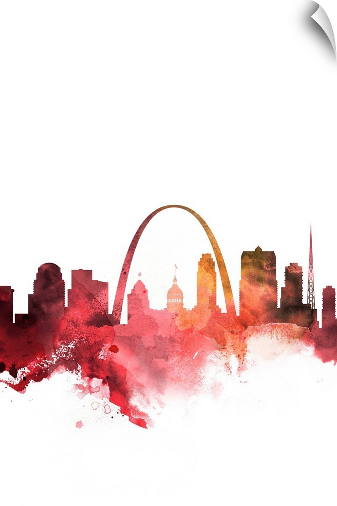 The St. Louis city skyline in colorful watercolor splashes.