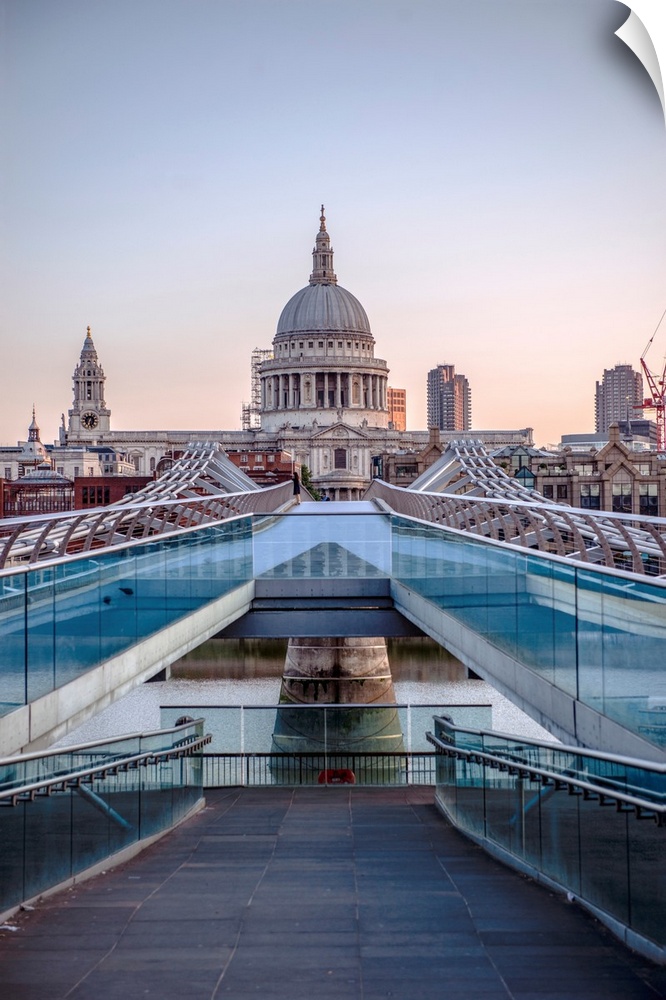 View of St. Paul's Cathedral from Millennium Bridge in London, England.