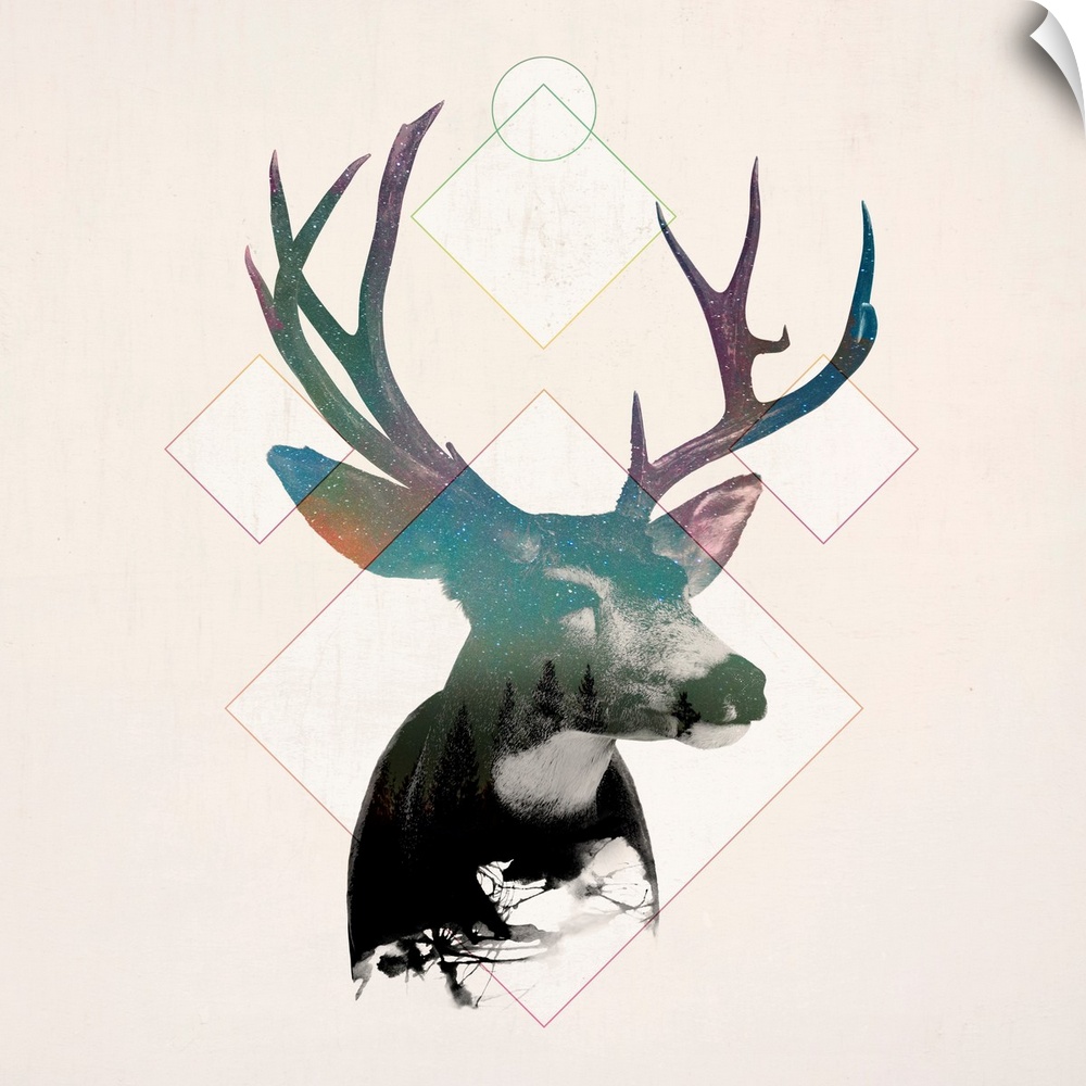 Double exposure artwork of a deer portrait and diamond shapes.