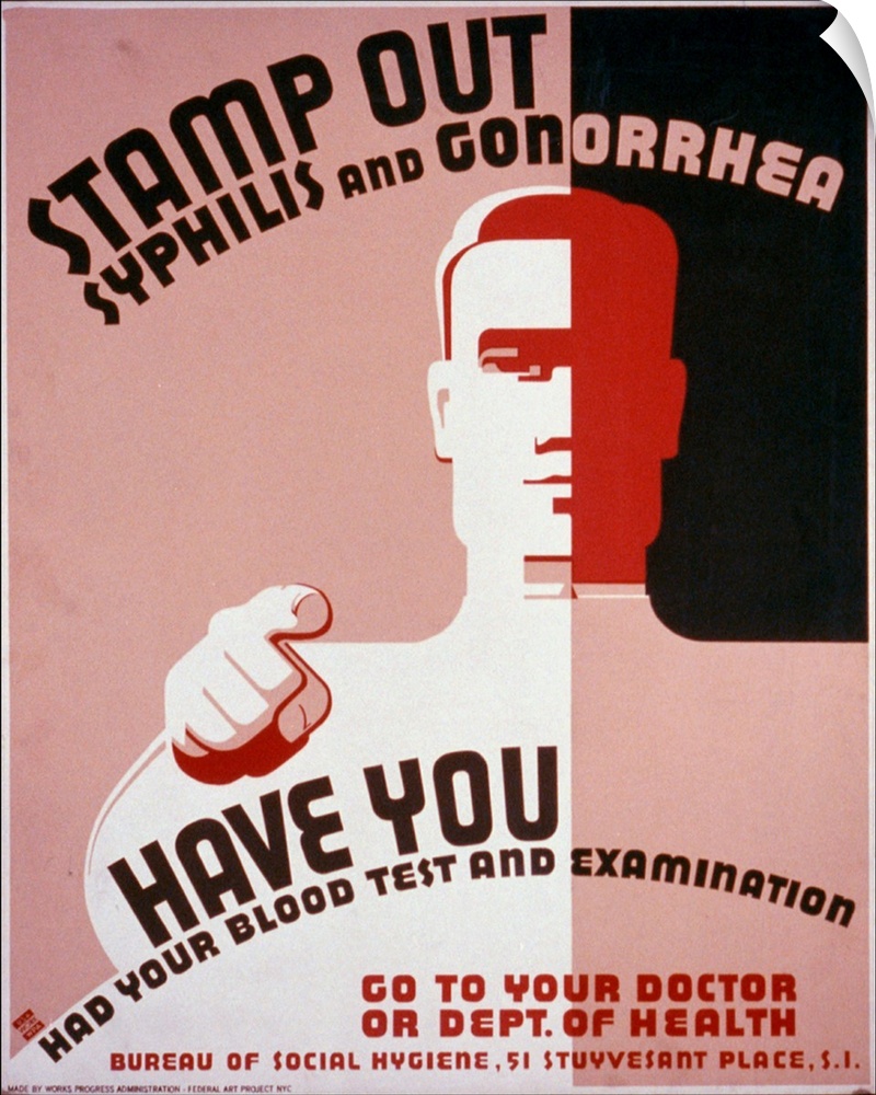 Artwork encouraging blood testing and examinations to identify persons with syphilis and gonorrhea, showing a man pointing...