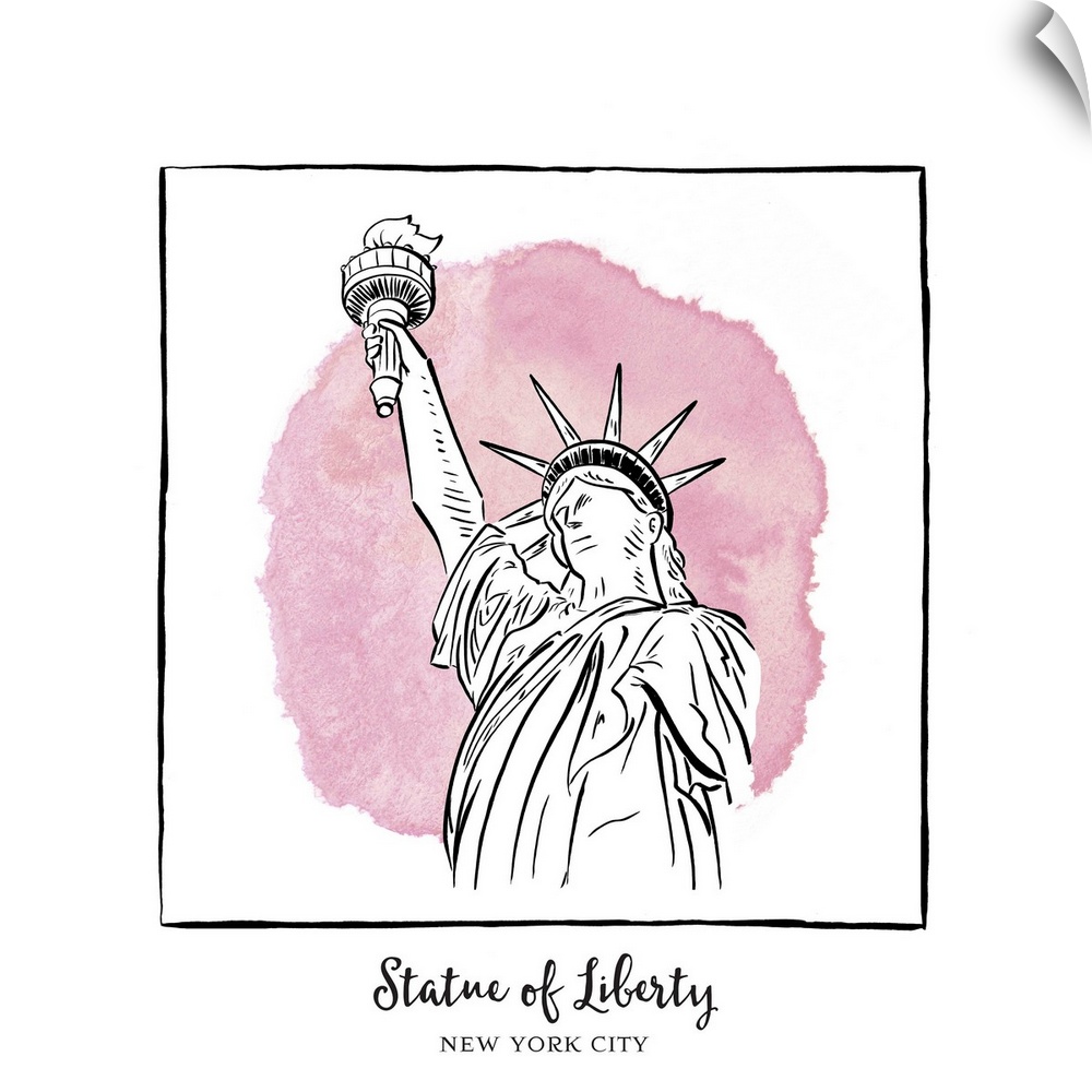 An ink illustration of the Statue of Liberty in New York City, with a pink watercolor wash.