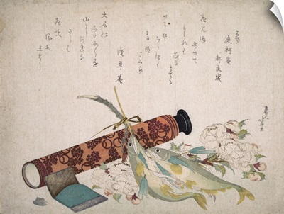 Still Life: Double Cherry-Blossom Branch, Telescope, Sweet Fish, and Tissue Case