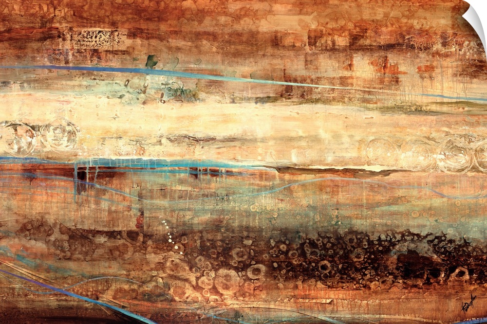 Large, landscape, abstract painting of various horizontal streaks of texture and color in earth tones, that almost appear ...