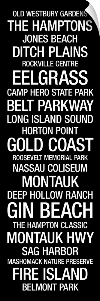 Tall canvas of a vertical list of the different areas in Long Island.