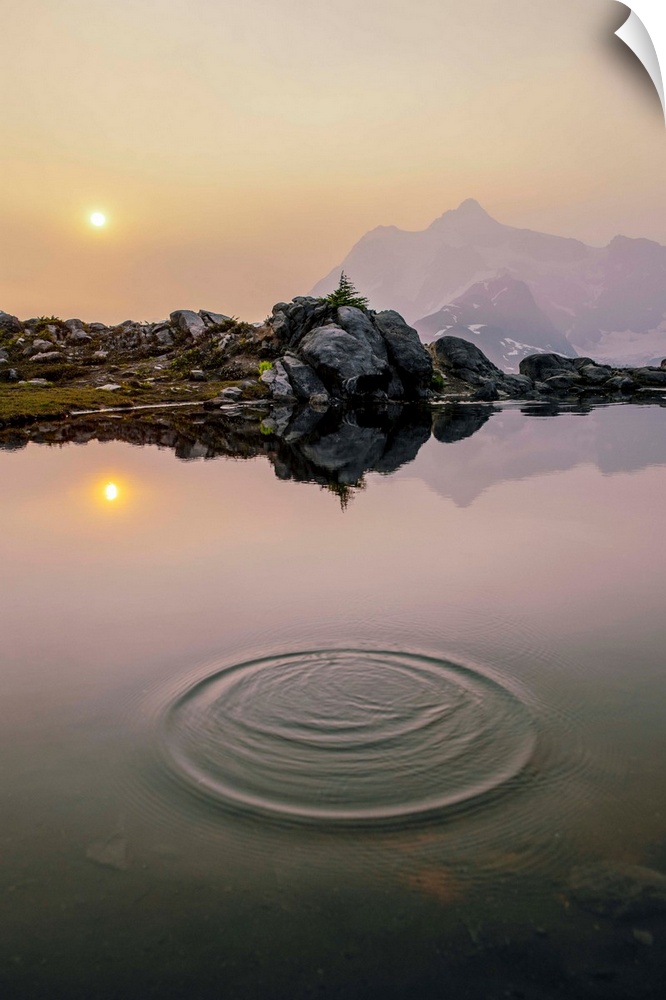 A ripple on a pond near Artist Point Trail with the sun rising over Mount Shuksan in the background, Washington.
