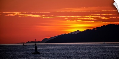 Sunset On Cypress Mountain With Sailboat, Vancouver, British Columbia, Canada