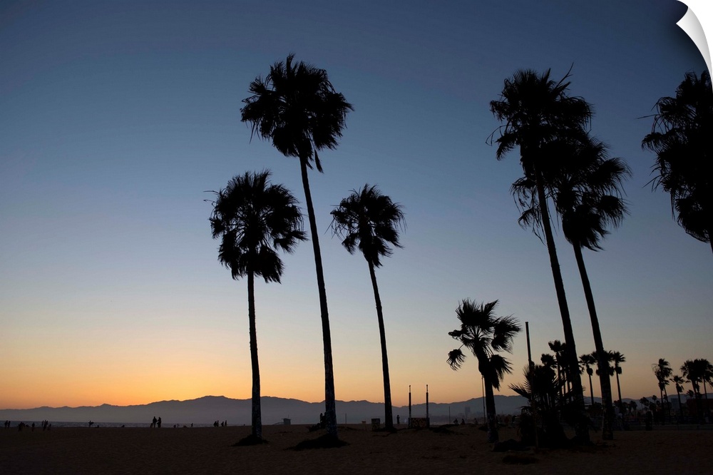 The sun begins to set on Venice beach in California.
