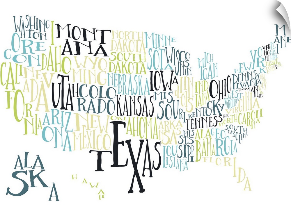 A hand-drawn typography map of the United States with all the state names, in yellow, green, and blue.