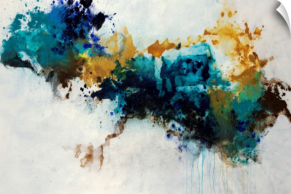 Contemporary abstract painting of a huge splatter in teal, blue and golden yellow hues crossing the compositional horizont...