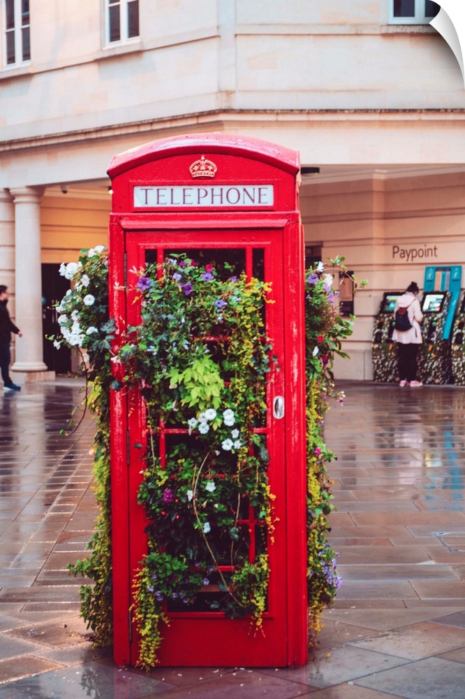 A traditional British red telephone booth filled with plants in the city of Bath.