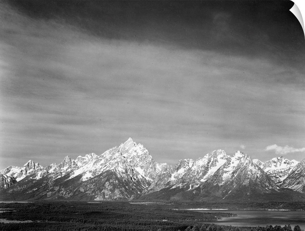 Tetons from Signal Mountain, valley, snow-capped mountains, low horizons.