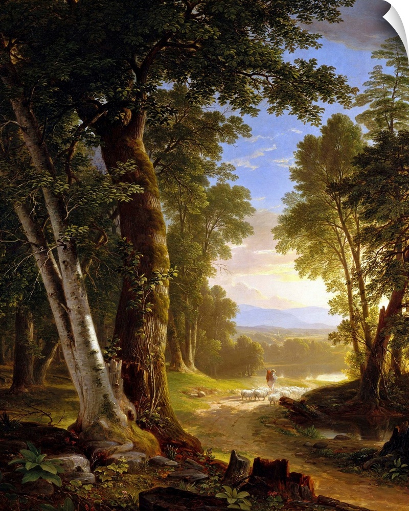 This work, featuring meticulously rendered beech and basswood trees, was painted for the New York collector Abraham M. Coz...