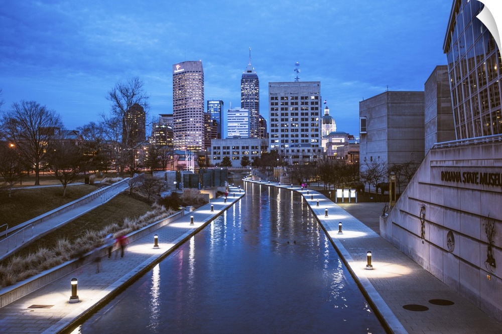 Waterway through the city of Indianapolis, Indiana, just before nightfall.