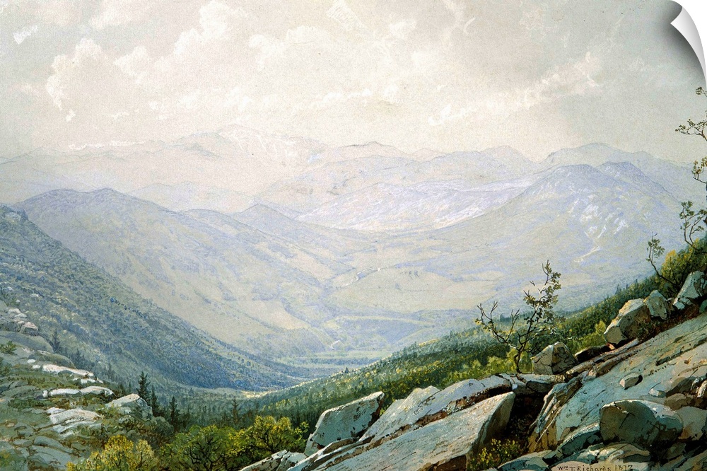 Painting of sunlight warming the rocky wilderness of a mountain valley in New Hampshire.