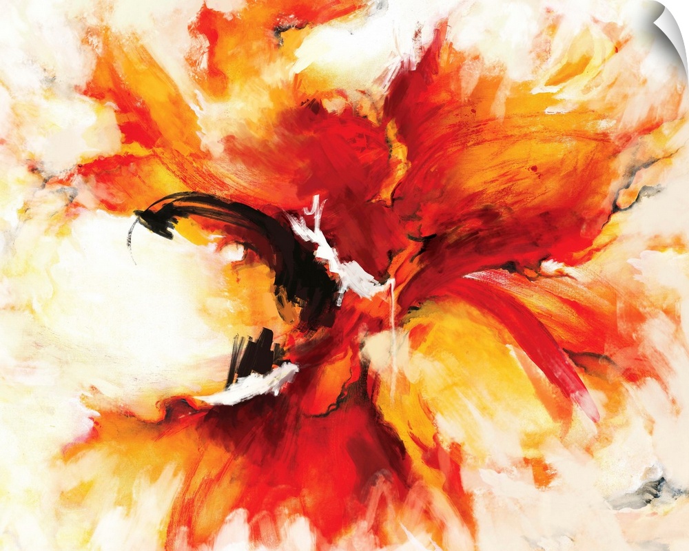 A contemporary abstract painting of a fiery explosion of red and orange with bursts of yellow like a phoenix rising from i...