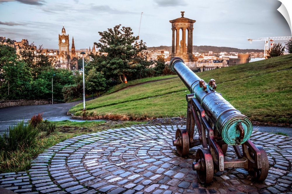 The Portugese Cannon sits atop of Calton Hill in Edinburgh, Scotland.