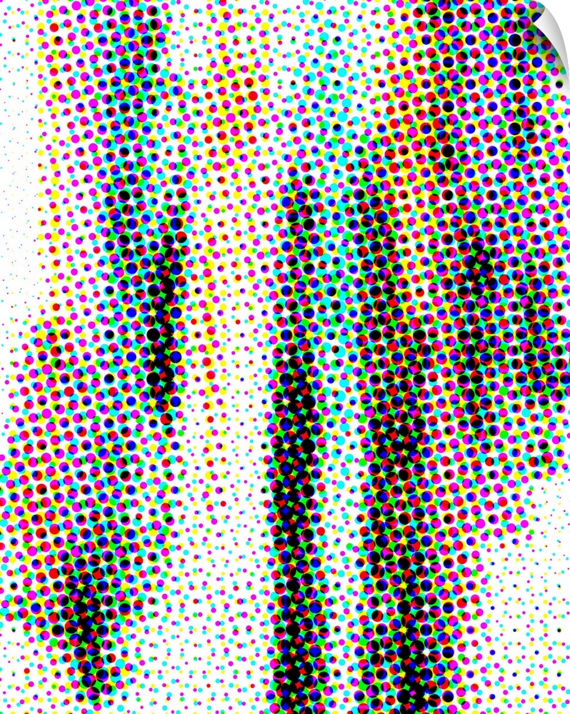 Complementary abstract in vertical lines of pink, blue, yellow and black with a digital dot overlay.
