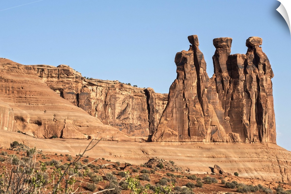 The Three Gossips, sandstone formation in the Courthouse Towers area of Arches National Park, Moab, Utah.