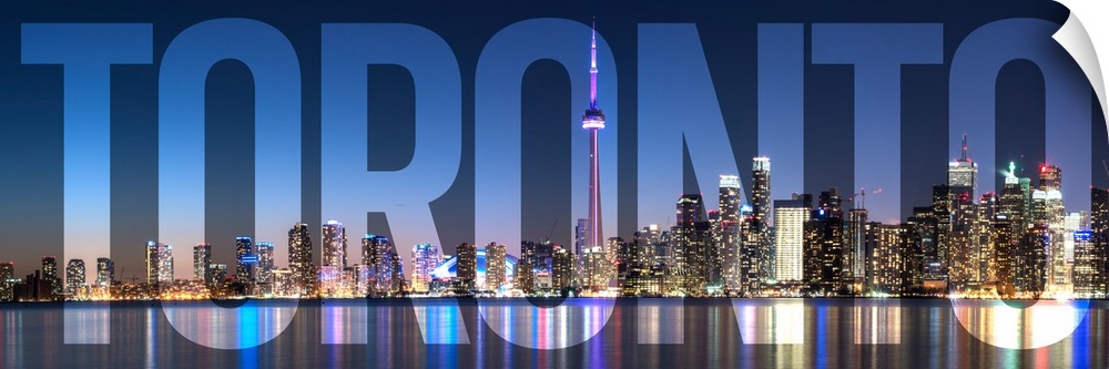 Transparent typography art overlay against a photograph of the Toronto city skyline.