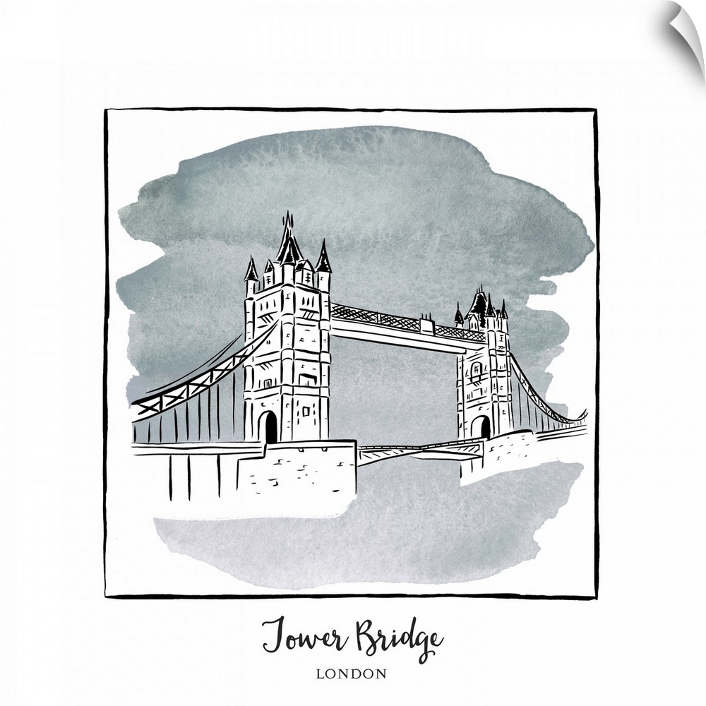 An ink illustration of the Tower Bridge in London, England, with a grey watercolor wash.