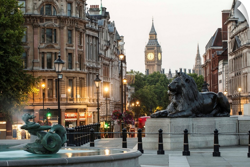Photograph of the lions at Trafalgar Square with Big Ben in the background, London, England