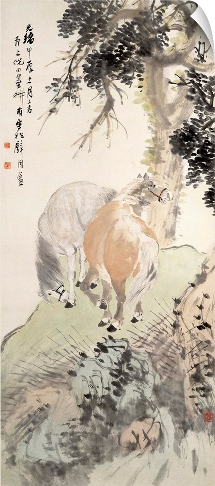 Woodblock print of two horses on a rocky cliff under a tree.