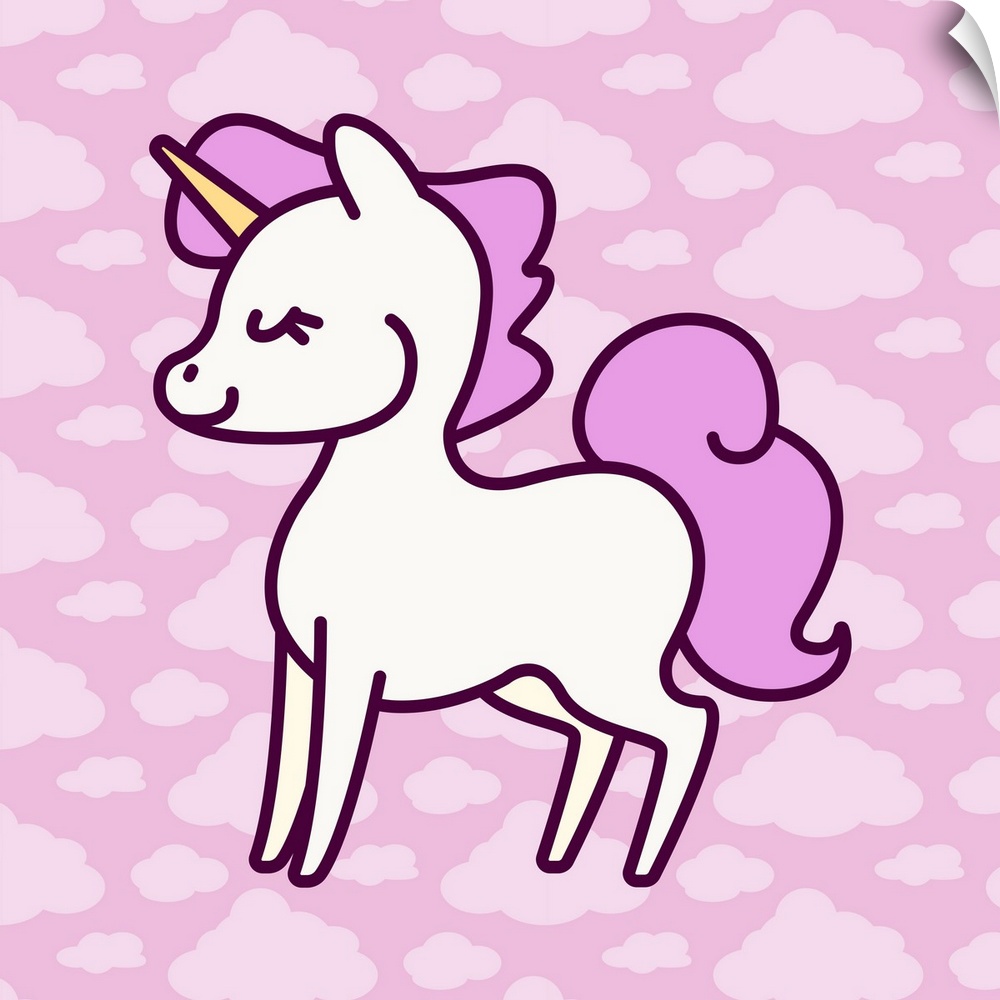 Illustration of a dreamy unicorn with a pink mane over a cloud-patterned background.