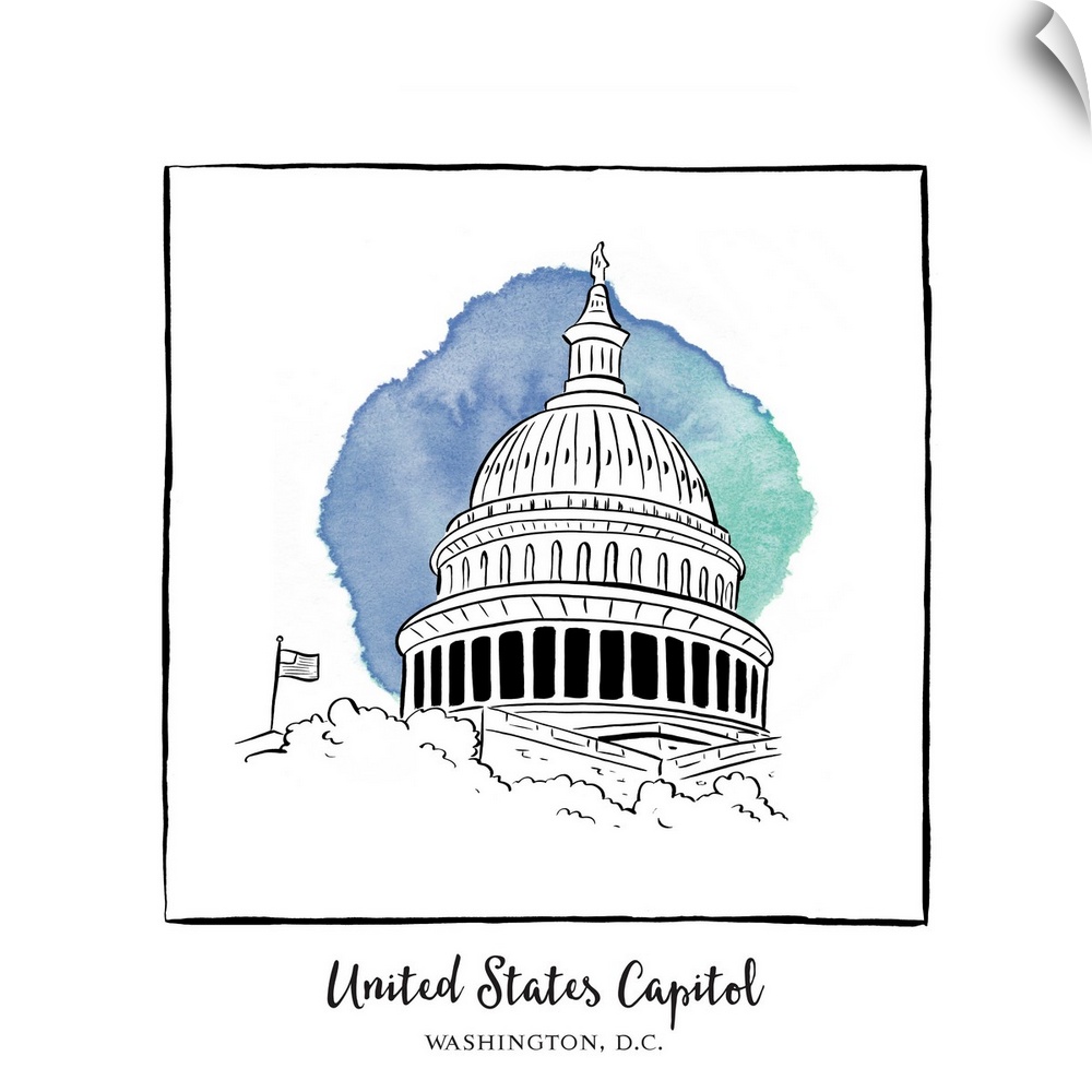 An ink illustration of the United States Capitol in Washington, D.C., with a lavender watercolor wash.