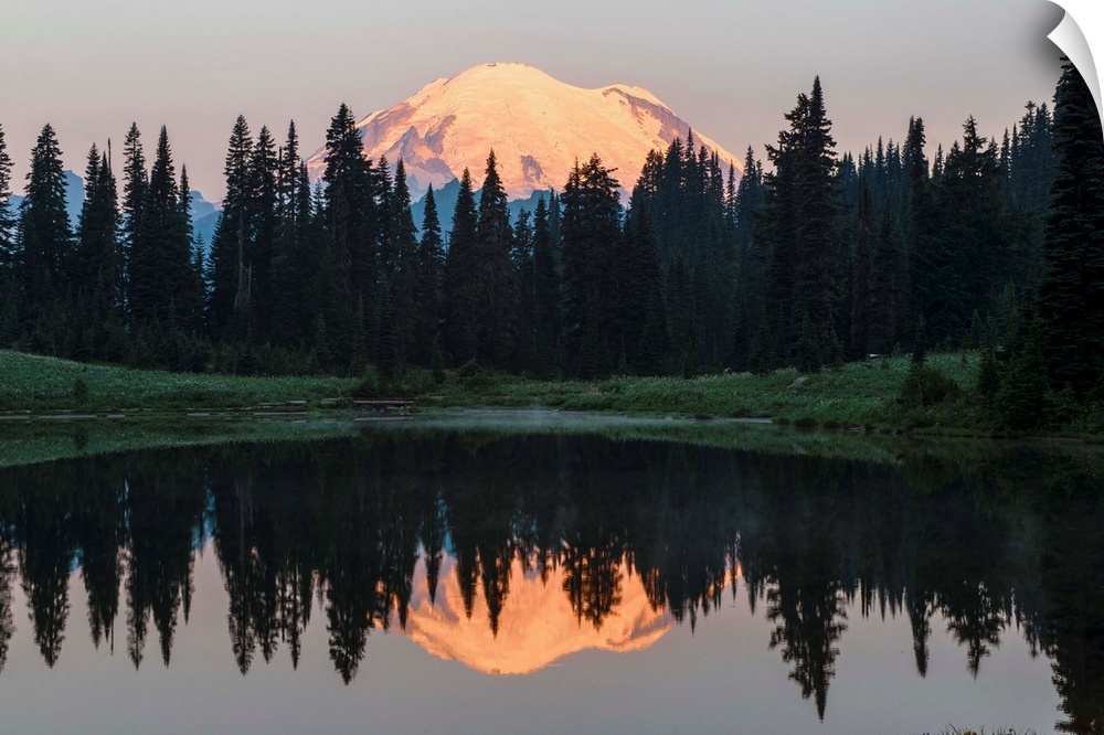 View of Mount Rainier's peak reflection in Upper Tipsoo Lake, Washington.
