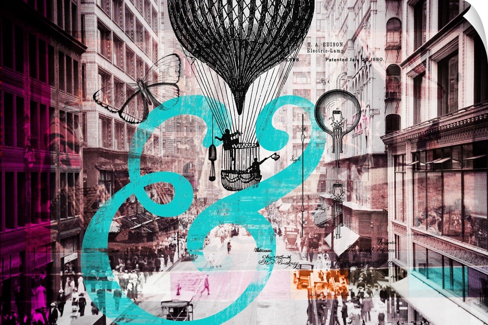 A vintage cityscape photograph overlaid with vintage illustrations of a hot air balloon and a blue ampersand sign.