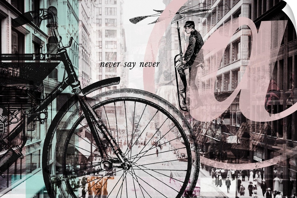 A vintage cityscape photograph overlaid with vintage illustrations of a bicycle, flying machine, and a pink At sign.