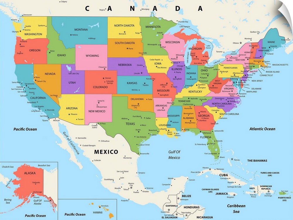 Large color map of the United States of America with a modern font.