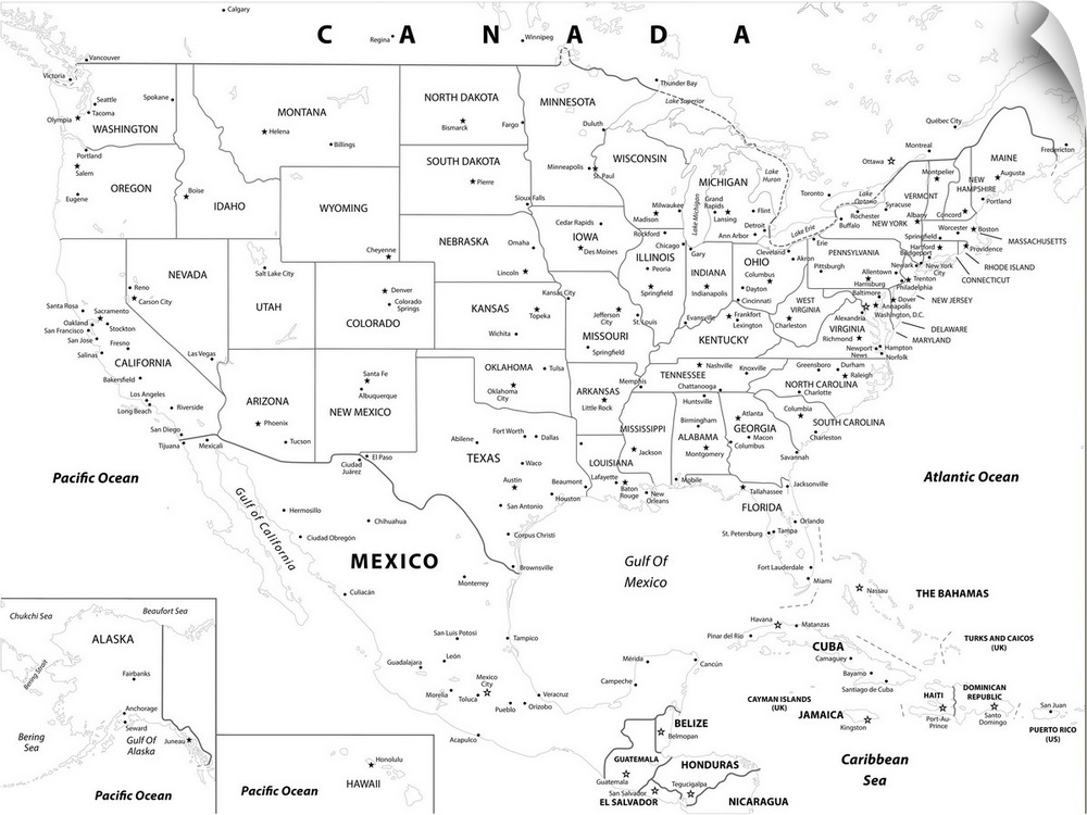 Black and white outlined map of the United States with a modern font.