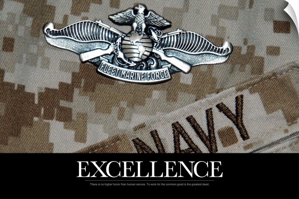 Inspirational message about excellence underneath a close up of a Navy military uniform and a silver Fleet Marine Force pin.