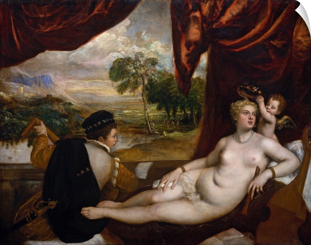 Titian and his workshop treated the theme of Venus and a musician at various times during the latter part of his career. H...