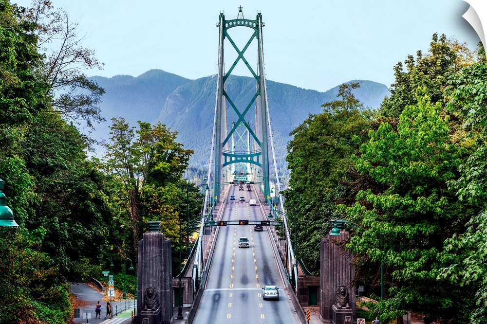 View of Lions Gate Bridge from Stanley Park in Vancouver, British Columbia, Canada.