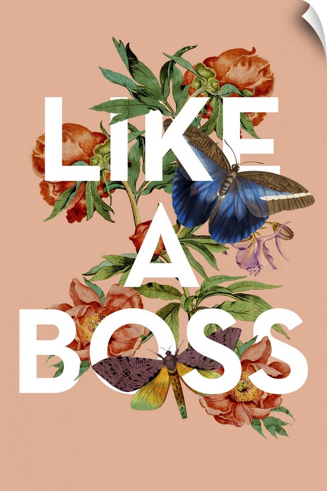 A collage of vintage flowers and insects intertwined with the words Like a Boss on a peach background.
