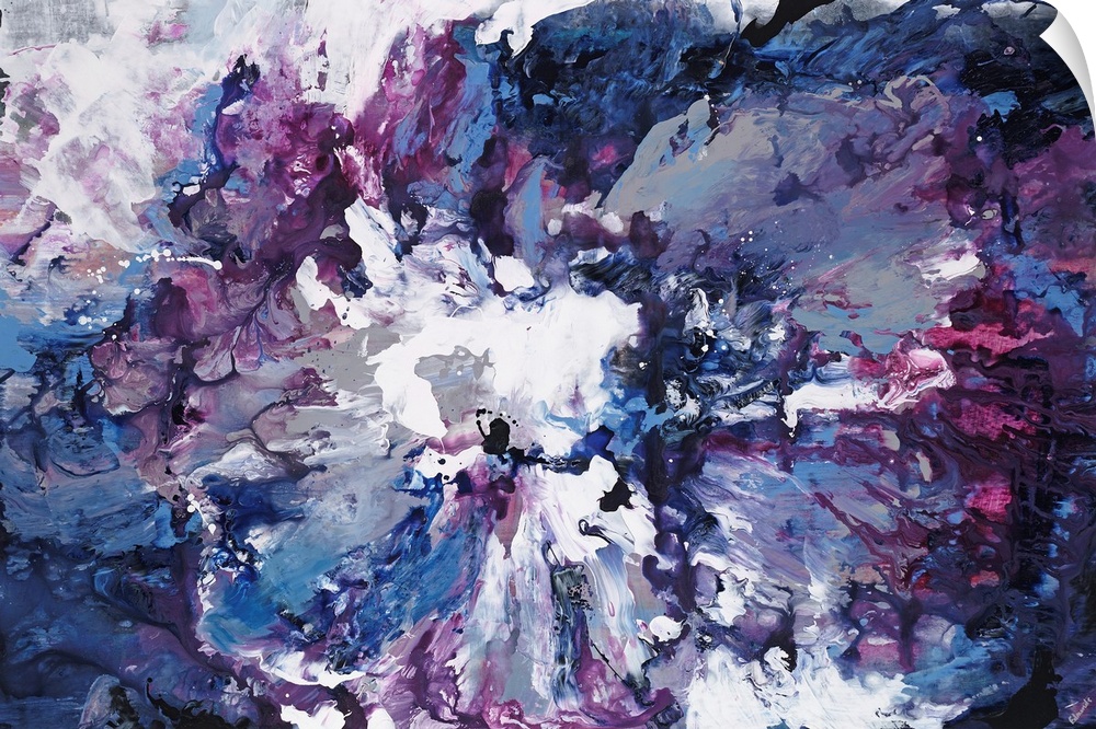 Contemporary abstract painting of clouded forms in various shades of violet.