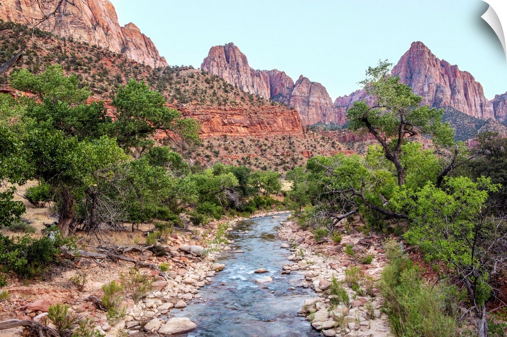 View of Virgin River with 'The Watchman' peak in the background, Zion National Park, Utah.