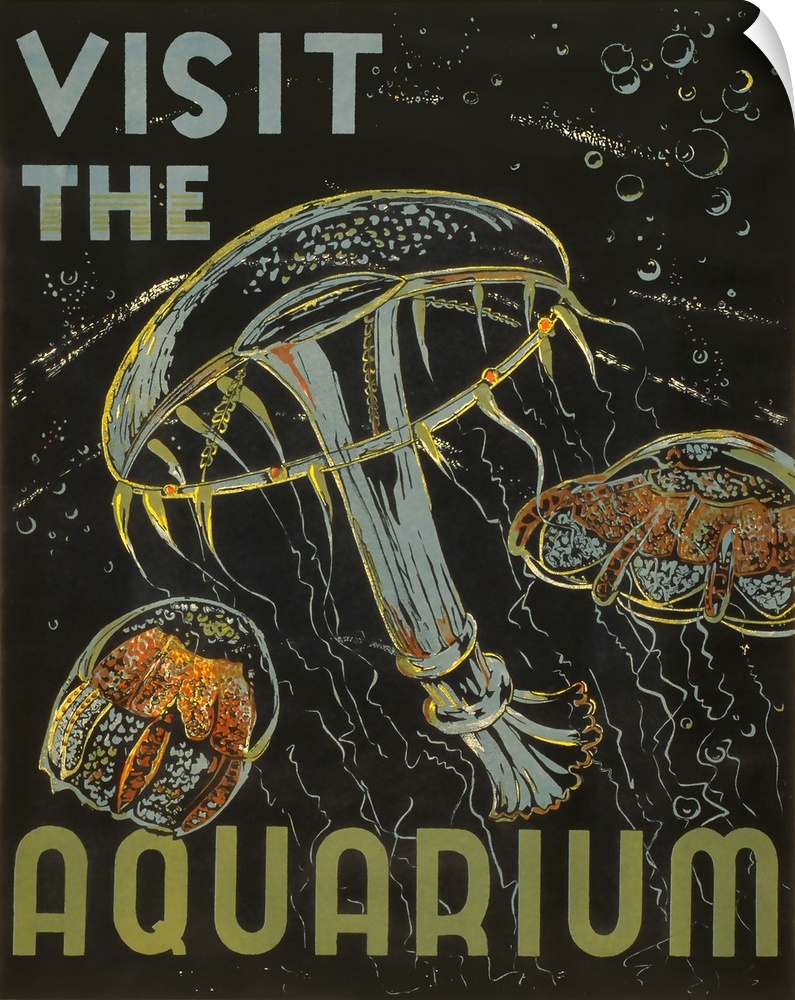 Visit the aquarium. Poster promoting aquariums as places to visit, showing jellyfish. Library of Congress, Prints and Phot...