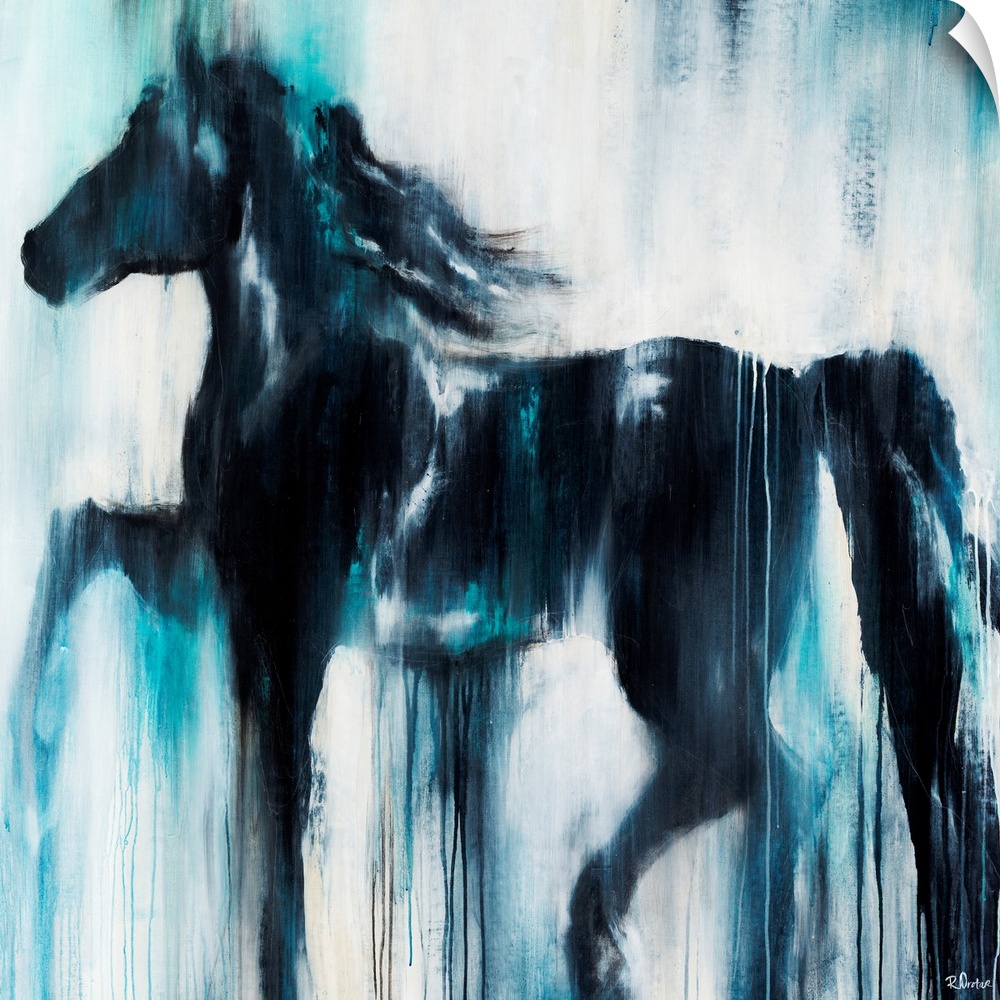 Giant, horizontal painting of a silhouetted profile of a horse on a light background. The entire image appears as if it be...