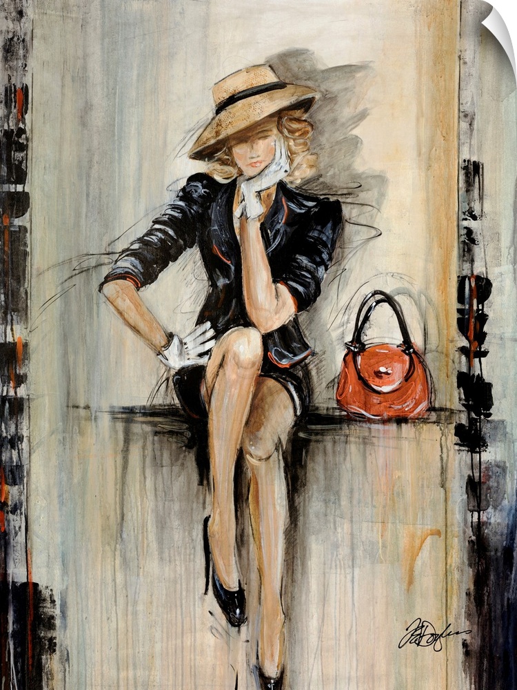 Vertical, figurative art on a big canvas of a woman in a fashionable dark dress and hat, with gloves and high heels, sitti...